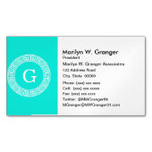 Brt Aqua Wht Greek Key RND Lijst Initiaal Monogram Magnetisch Visitekaartje (Voorkant)