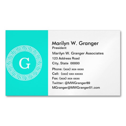 Brt Aqua Wht Greek Key RND Lijst Initiaal Monogram Magnetisch Visitekaartje (Voorkant)