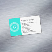 Brt Aqua Wht Greek Key RND Lijst Initiaal Monogram Magnetisch Visitekaartje (Voorbeeld)
