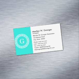 Brt Aqua Wht Greek Key RND Lijst Initiaal Monogram Magnetisch Visitekaartje