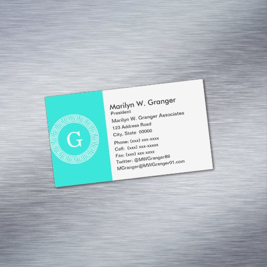 Brt Aqua Wht Greek Key RND Lijst Initiaal Monogram Magnetisch Visitekaartje (Voorbeeld)