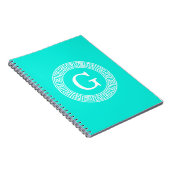 Brt Aqua Wht Greek Key RND Lijst Initiaal Monogram Notitieboek (Rechterzijde)
