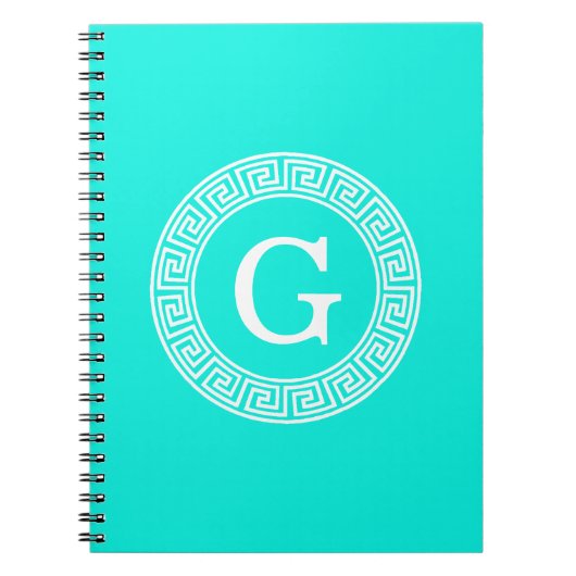 Brt Aqua Wht Greek Key RND Lijst Initiaal Monogram Notitieboek (Voorkant)