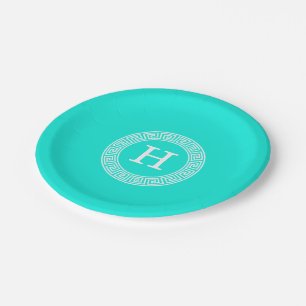 Brt Aqua Wht Greek Key RND Lijst Initiaal Monogram Papieren Bordje