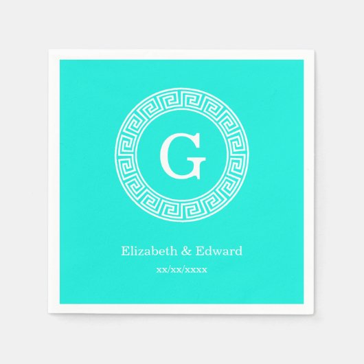 Brt Aqua Wht Greek Key RND Lijst Initiaal Monogram Servetten (Voorkant)