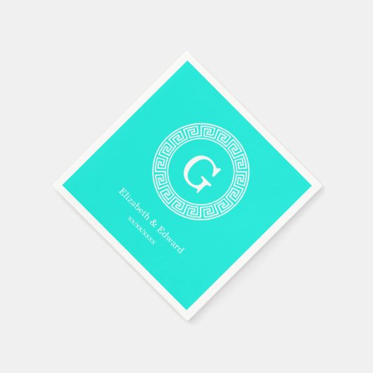 Brt Aqua Wht Greek Key RND Lijst Initiaal Monogram Servetten (Hoek)