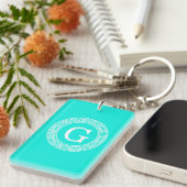 Brt Aqua Wht Greek Key RND Lijst Initiaal Monogram Sleutelhanger (Voorkant Rechts)