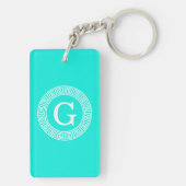 Brt Aqua Wht Greek Key RND Lijst Initiaal Monogram Sleutelhanger (achterkant)