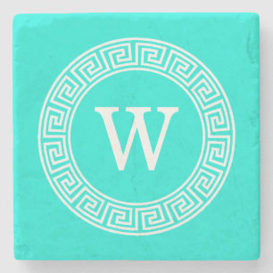 Brt Aqua Wht Greek Key RND Lijst Initiaal Monogram Stenen Onderzetter