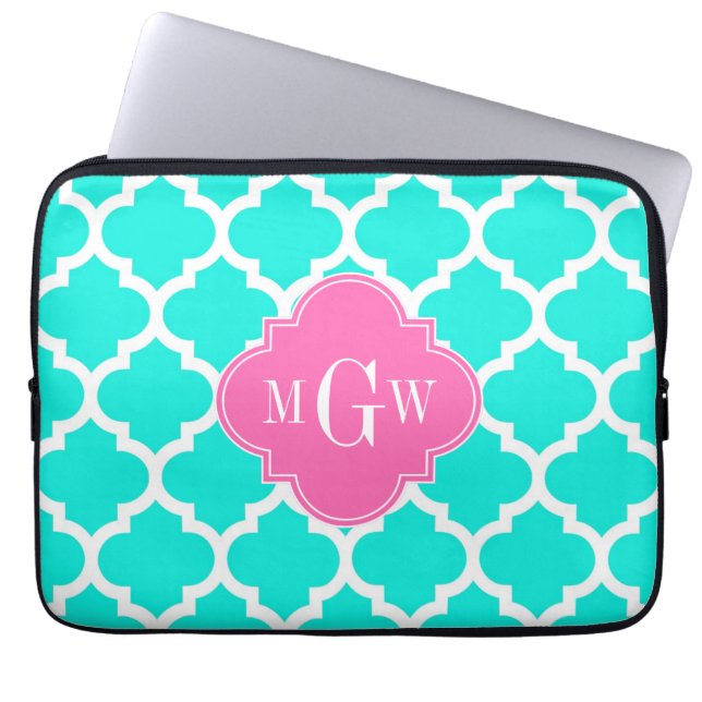 Brt Aqua Wht Moroccan #5 HotPink2 Initiaal Monogra Laptop Sleeve (Voorkant)