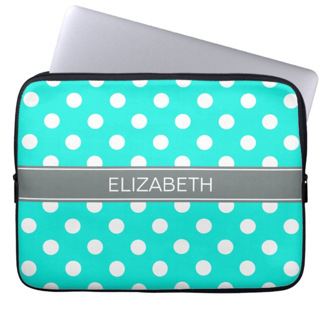 Brt Aqua Wht Polka Dots #2 Gray Monogram Laptop Sleeve (Voorkant)