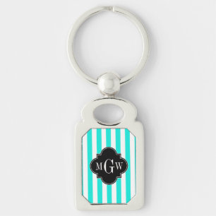 Brt Aqua Wht Streep Zwart Quatrefoil 3 Monogram Sleutelhanger