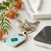 Brt Aqua Wht Stripe Black Quatrefoil 3 Monogram Sleutelhanger (Zijkant)