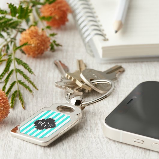 Brt Aqua Wht Stripe Black Quatrefoil 3 Monogram Sleutelhanger (Zijkant)