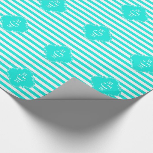 Brt Aqua Wht Stripe Brt Aqua Quatrefoil 3 Monogram Cadeaupapier (Hoek)