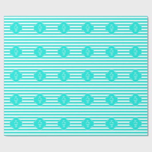 Brt Aqua Wht Stripe Brt Aqua Quatrefoil 3 Monogram Cadeaupapier (Vlak)