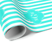 Brt Aqua Wht Stripe Brt Aqua Quatrefoil 3 Monogram Cadeaupapier (Rol Hoek)