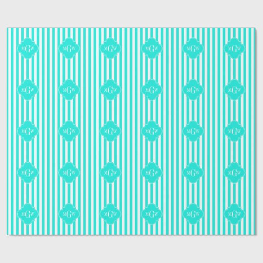 Brt Aqua Wht Stripe Brt Aqua Quatrefoil 3 Monogram Cadeaupapier (Vlak)