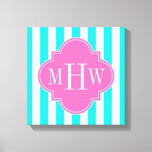 Brt Aqua Wt Stripe HotPink#2 Quatrefoil 3 Monogram Canvas Afdruk (Voorkant)