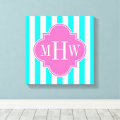 Brt Aqua Wt Stripe HotPink#2 Quatrefoil 3 Monogram Canvas Afdruk (Insitu (Houten vloer))