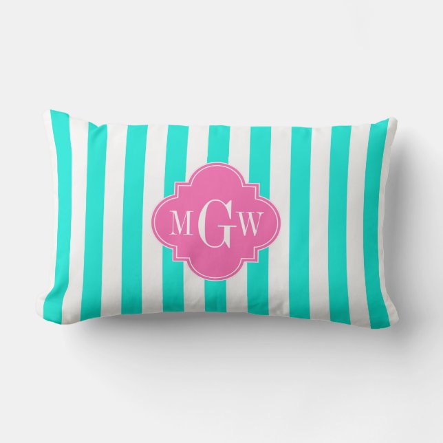 Brt Aqua Wt Stripe HotPink#2 Quatrefoil 3 Monogram Kussen (Voorkant)