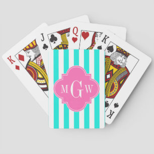 Brt Aqua Wt Stripe HotPink#2 Quatrefoil 3 Monogram Pokerkaarten