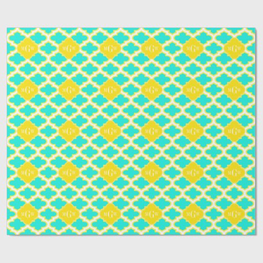 BRT Aqua Yellow Wht Quatrefoil 3 Initiaal Monogram Cadeaupapier (Vlak)