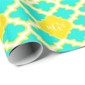 BRT Aqua Yellow Wht Quatrefoil 3 Initiaal Monogram Cadeaupapier (Rol Hoek)