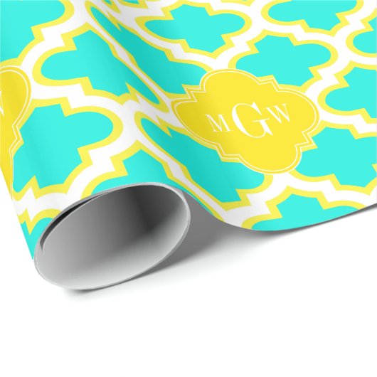 BRT Aqua Yellow Wht Quatrefoil 3 Initiaal Monogram Cadeaupapier (Rol Hoek)
