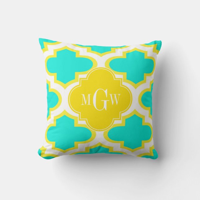 BRT Aqua Yellow Wht Quatrefoil 3 Initiaal Monogram Kussen (Voorkant)