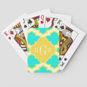 BRT Aqua Yellow Wht Quatrefoil 3 Initiaal Monogram Pokerkaarten (Achterkant)