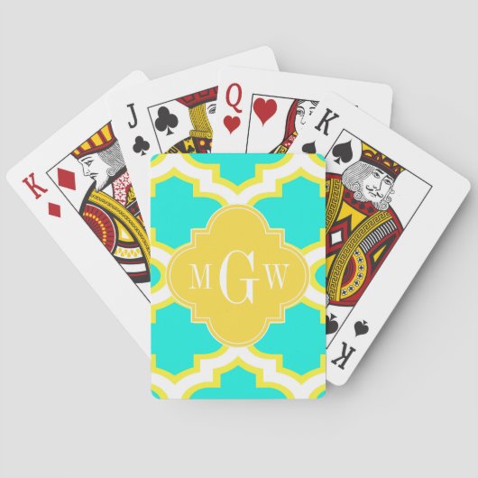 BRT Aqua Yellow Wht Quatrefoil 3 Initiaal Monogram Pokerkaarten (Achterkant)