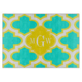 BRT Aqua Yellow Wht Quatrefoil 3 Initiaal Monogram Snijplank (Voorkant)