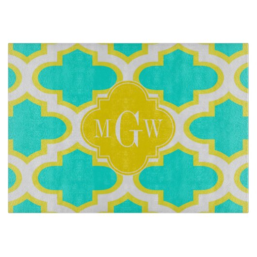 BRT Aqua Yellow Wht Quatrefoil 3 Initiaal Monogram Snijplank (Voorkant)