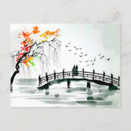 Brug door een vijver in een rustige tuin briefkaart