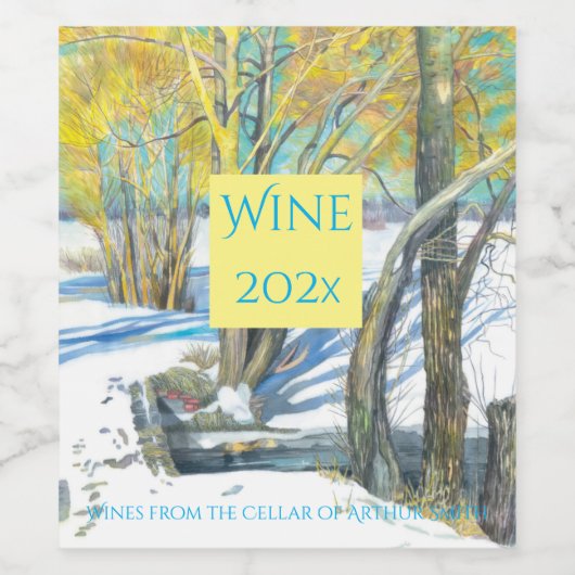 brug in het winterschilderij Watercol Wijn Etiket