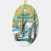 Brug in het winterschilderij Waterverf Keramisch Ornament (Links)