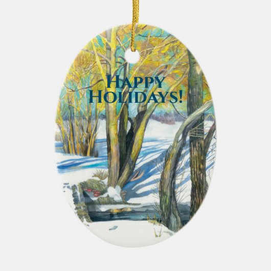 Brug in het winterschilderij Waterverf Keramisch Ornament (Voorkant)