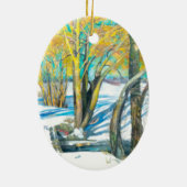 Brug in het winterschilderij Waterverf Keramisch Ornament (Achterkant)