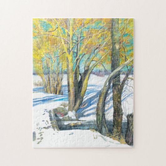 Brug in het winterschilderij Waterverf Legpuzzel (Verticaal)
