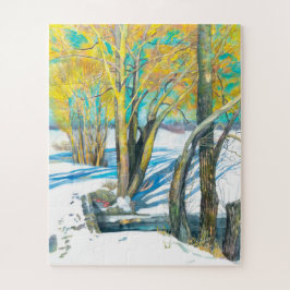 Brug in het winterschilderij Waterverf Legpuzzel