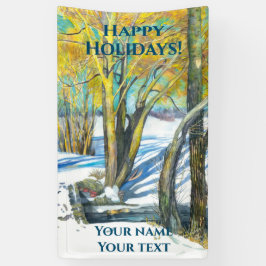 Brug in het winterschilderij Waterverf Spandoek