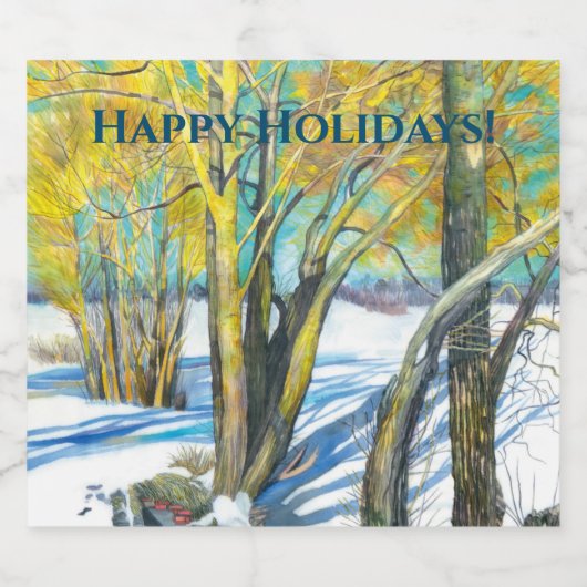 Brug in het winterschilderij Waterverf Sparkling Wijnetiket (Enkel label)