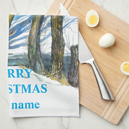 Brug in het winterschilderij Waterverf Theedoek (Quarter Fold)