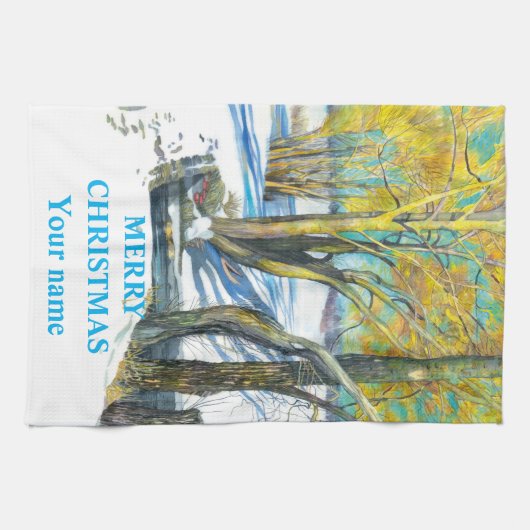 Brug in het winterschilderij Waterverf Theedoek (Horizontaal)