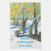 Brug in het winterschilderij Waterverf Theedoek (Verticaal)