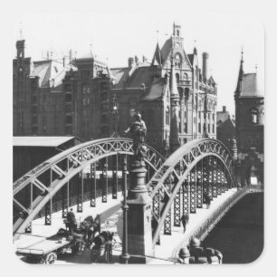 Brug in Speicherstadt Hamburg, c.1910 Vierkante Sticker