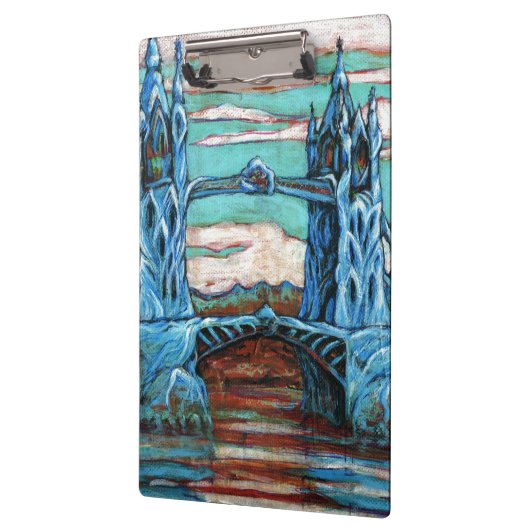 Brug met blauwe tower in een fantasiestad klembord (Links)