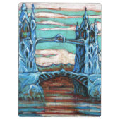 Brug met blauwe tower in een fantasiestad klembord (Achterkant)