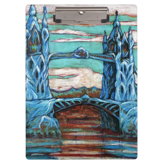 Brug met blauwe tower in een fantasiestad klembord (Voorkant)